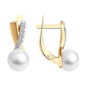 Золотые серьги Diamant с фианитом и жемчугом 51-320-02266-1 фото