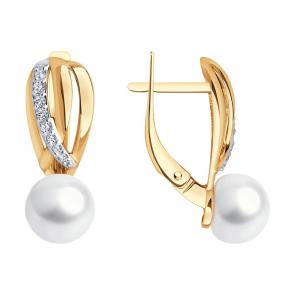 Золотые серьги Diamant с фианитом и жемчугом 51-320-02277-1 фото