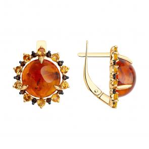 Золотые серьги Diamant с цитрином, янтарём и раухтопазом 51-320-02337-1 фото