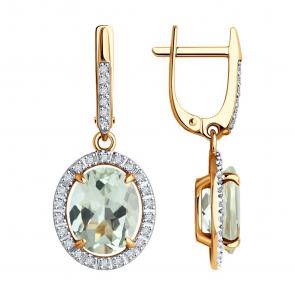 Золотые серьги Diamant с фианитом и празиолитом 51-321-02442-3 фото