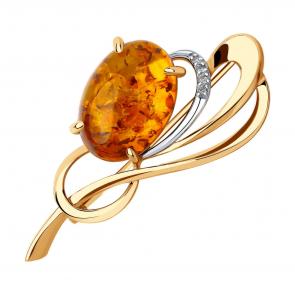 Золотая брошь Diamant с фианитом и янтарём 51-340-00941-1 фото