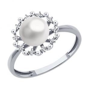 Кольцо из белого золота Diamant с бриллиантом и жемчугом 52-210-02091-1 фото