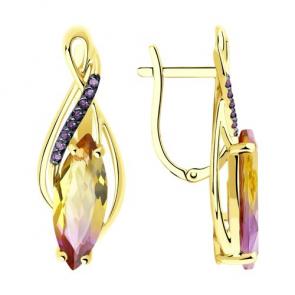 Серьги из лимонного золота Diamant с ситаллом цвета Аметрин и фианитом 53-320-00761-2 фото