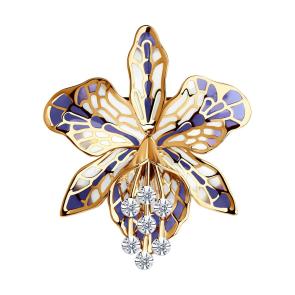 Золотая брошь SOKOLOV с витражной эмалью и бриллиантом 6049005 фото