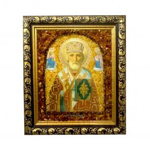 Икона ручной работы Святая блаженная Святитель Николай Чудотворец ИН с янтарём 65398848-м фото
