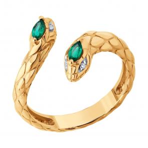 Золотое кольцо Символ года Змея SOKOLOV с бриллиантом  и гидротермальным изумрудом 71-00386 фото