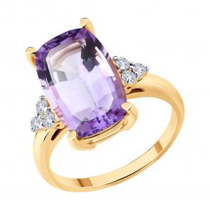 Золотое кольцо SOKOLOV с аметистом и бриллиантом выращенным 71-00390 фото