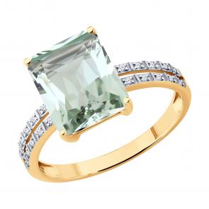 Золотое кольцо SOKOLOV с бриллиантом и празиолитом 71-00426 фото