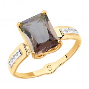 Золотое кольцо SOKOLOV с ситаллом цвета Султанит и фианитом 715387 фото