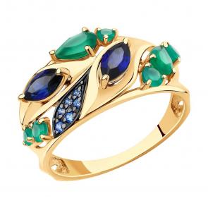 Золотое кольцо SOKOLOV с фианитом, агатом и сапфировым корундом 715714 фото