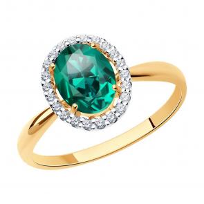 Золотое кольцо SOKOLOV с фианитом и гидротермальным изумрудом 715829 фото