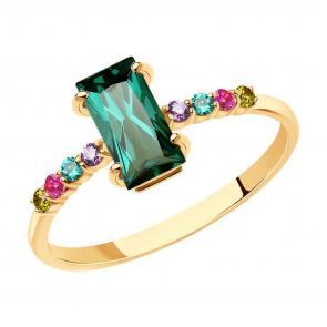 Золотое кольцо SOKOLOV с ситаллом цвета Турмалин, рубиновым корундом и фианитом 716082 фото