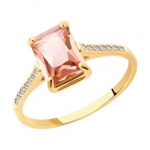 Золотое кольцо SOKOLOV с ситаллом цвета Морганит и фианитом 716232 фото