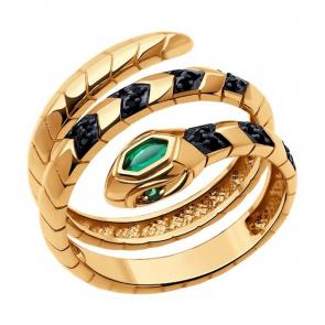 Золотое кольцо символ года Змея SOKOLOV с гитротермальным изумрудом и шпинелью 716402 фото