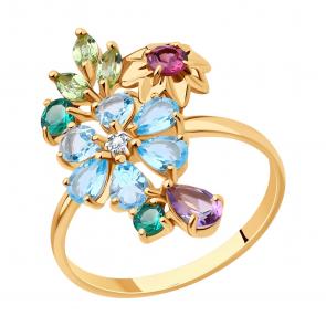 Золотое кольцо SOKOLOV с ситаллом цвета Турмалин, аметистом, родолитом, топазом, хризолитом и фианитом 716510 фото