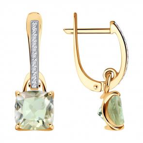 Золотые серьги SOKOLOV с бриллиантом и празиолитом 72-00032 фото
