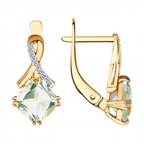 Золотые серьги SOKOLOV с бриллиантом и празиолитом 72-00038 фото