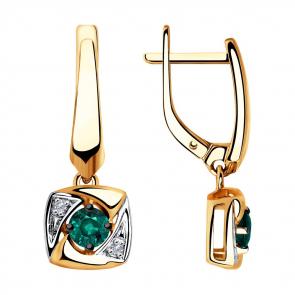 Золотые серьги SOKOLOV с бриллиантом и гидротермальным изумрудом 72-00181 фото