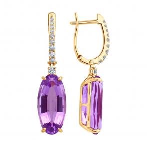 Золотые серьги SOKOLOV с аметистом и бриллиантом выращенным 72-00464 фото