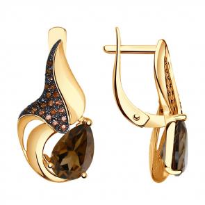Золотые серьги SOKOLOV с фианитом и раухтопазом 724813 фото