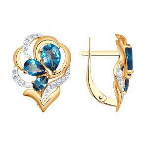 Золотые серьги SOKOLOV с фианитом и Лондон топазом 725035 фото