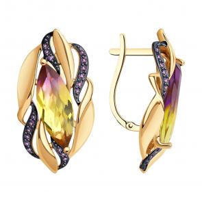 Золотые серьги SOKOLOV с ситаллом цвета Аметрин и фианитом 725062 фото