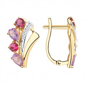 Золотые серьги SOKOLOV с фианитом, аметистом, родолитом и миксом камней 725940 фото
