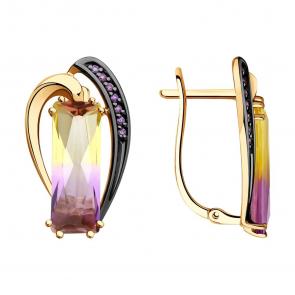 Золотые серьги SOKOLOV  с ситаллом цвета Аметрин и фианитом 726079 фото