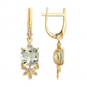 Золотые серьги SOKOLOV с фианитом и празиолитом 726160 фото