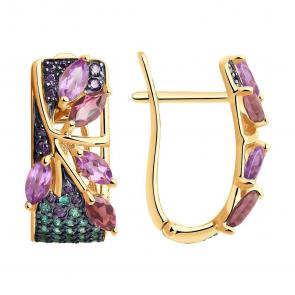 Золотые серьги SOKOLOV с фианитом, аметистом и родолитом 726812 фото