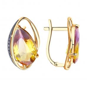 Золотые серьги SOKOLOV  с ситаллом цвета Аметрин и фианитом 726827 фото