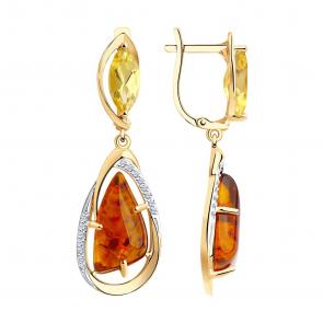 Золотые серьги SOKOLOV с фианитом, цитрином и янтарём 726941 фото