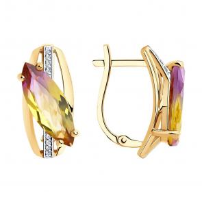Золотые серьги SOKOLOV с ситаллом цвета Аметрин и фианитом 727003 фото