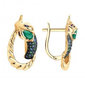 Золотые серьги Символ года Змея SOKOLOV с агатом, сапфировым корундом и фианитом 727170 фото