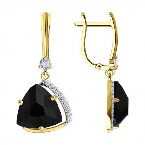 Серьги из лимонного золота SOKOLOV с фианитом и ониксом 727207-2 фото