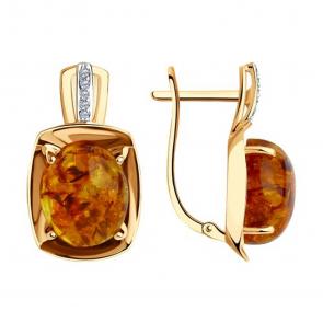 Золотые серьги SOKOLOV с фианитом и янтарём 727246 фото