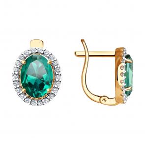 Золотые серьги SOKOLOV с фианитом и гидротермальным изумрудом 727264 фото