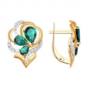 Золотые серьги SOKOLOV с фианитом и гидротермальным изумрудом 727278 фото