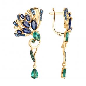 Золотые серьги SOKOLOV с ситаллом цвета Турмалин, сапфировым корундом и фианитом 727719 фото