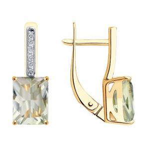 Золотые серьги SOKOLOV с фианитом и празиолитом 727862 фото