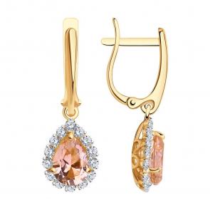 Золотые серьги SOKOLOV с ситаллом цвета Морганит и фианитом 728133 фото