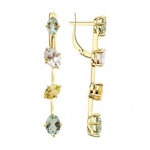 Золотые серьги SOKOLOV с кварцем, горным хрусталём и празиолитом 728806-2 фото