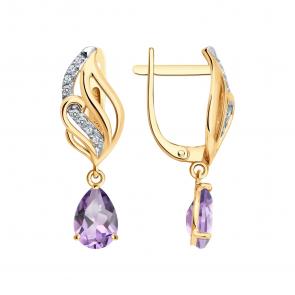 Золотые серьги SOKOLOV с фианитом и аметистом 729277 фото