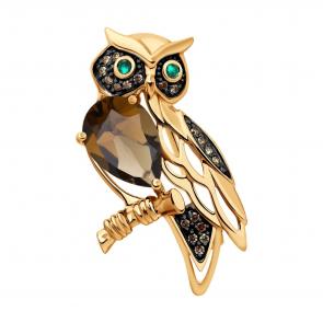 Золотая брошь SOKOLOV с гидротермальным изумрудом, раухтопазом и коньячным бриллиантом 74-00008 фото