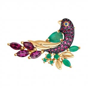 Золотая брошь SOKOLOV с фианитом, агатом, родолитом и рубиновым корундом 740215 фото