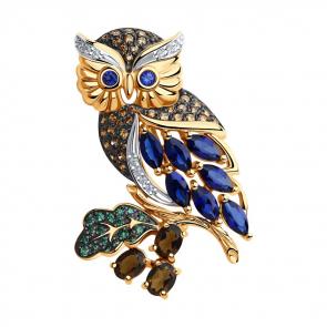Золотая брошь SOKOLOV с фианитом, сапфировым корундом и раухтопазом 740235 фото