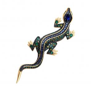 Золотая брошь SOKOLOV с фианитом, агатом, сапфировым корундом и гидротермальным изумрудом 740395 фото