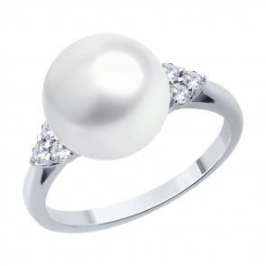 Кольцо из белого золота SOKOLOV с жемчугом и бриллиантом выращенным 79-10044-3 фото