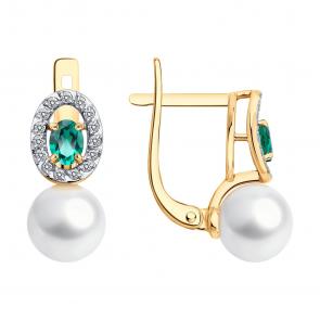 Золотые серьги SOKOLOV с бриллиантом, жемчугом и гидротермальным изумрудом 79-20093 фото