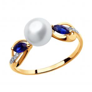 Золотое кольцо SOKOLOV с фианитом, сапфировым корундом и жемчугом 791026 фото